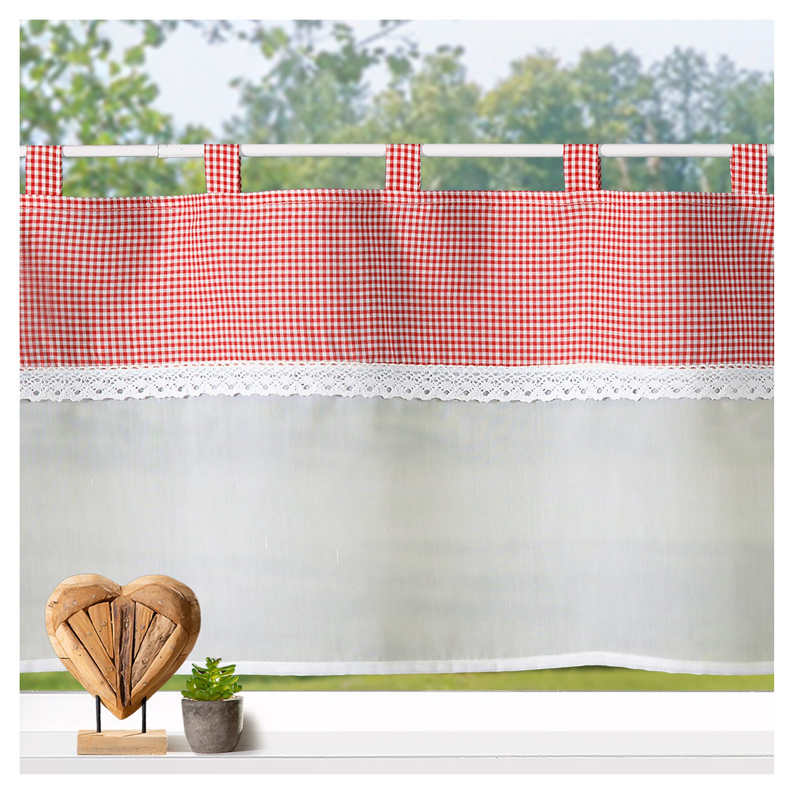 heimtexland Scheibengardine Landhaus Bistro Gardine Küche Batist Vichy Karo (1 St), Schlaufen, halbtransparent, Batist-Optik, Schlaufen I Häkel-Borte I Fensterdeko