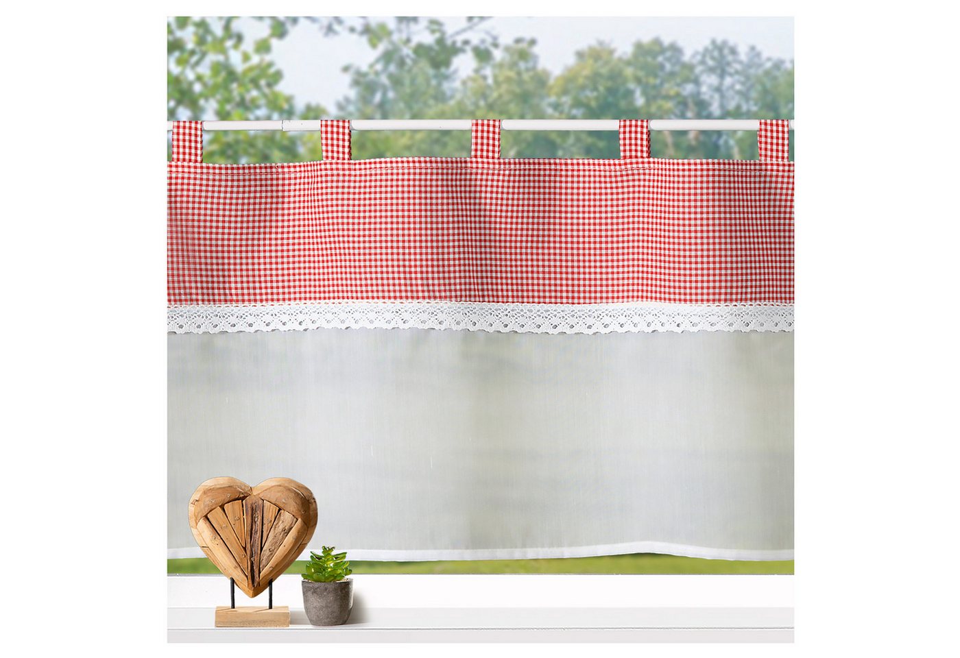 heimtexland Scheibengardine Landhaus Bistro Gardine Küche Batist Vichy Karo (1 St), Schlaufen, halbtransparent, Batist-Optik, Schlaufen I Häkel-Borte I Fensterdeko