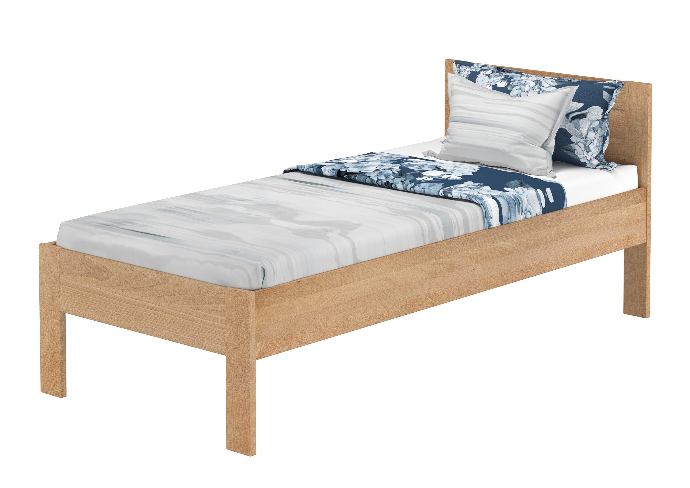 ERST-HOLZ Massivholzbett Zeitloses Einzelbett 90x200 Buche massiv lackiert mit Zubehör, Buche farblos lackiert