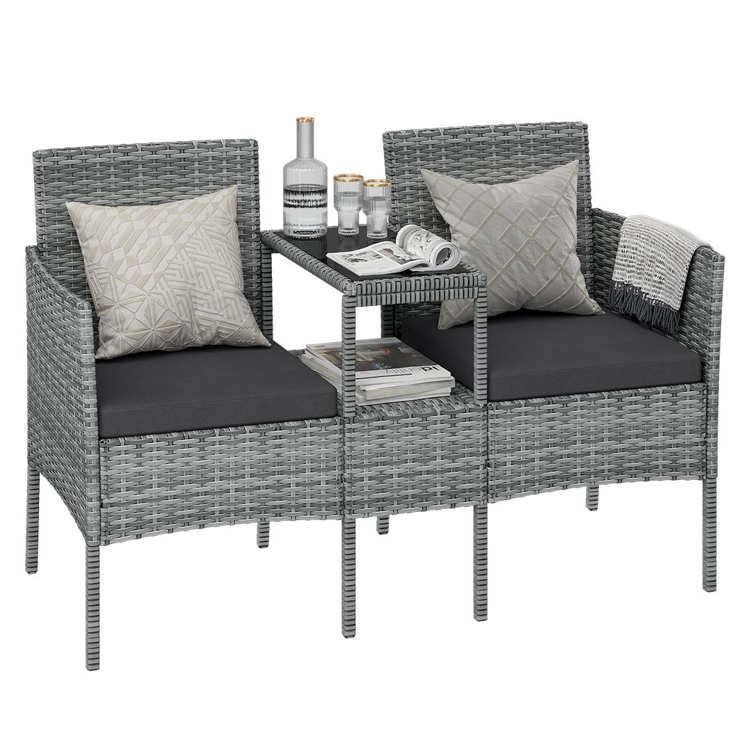 STEELSØN Balkonset Velara 2er Sofa mit Mitteltisch & Sitzpolstern, (grau-meliert/anthrazit), Rattan Gartenbank, stabiles Stahlgestell, wetterfest & pfegeleicht