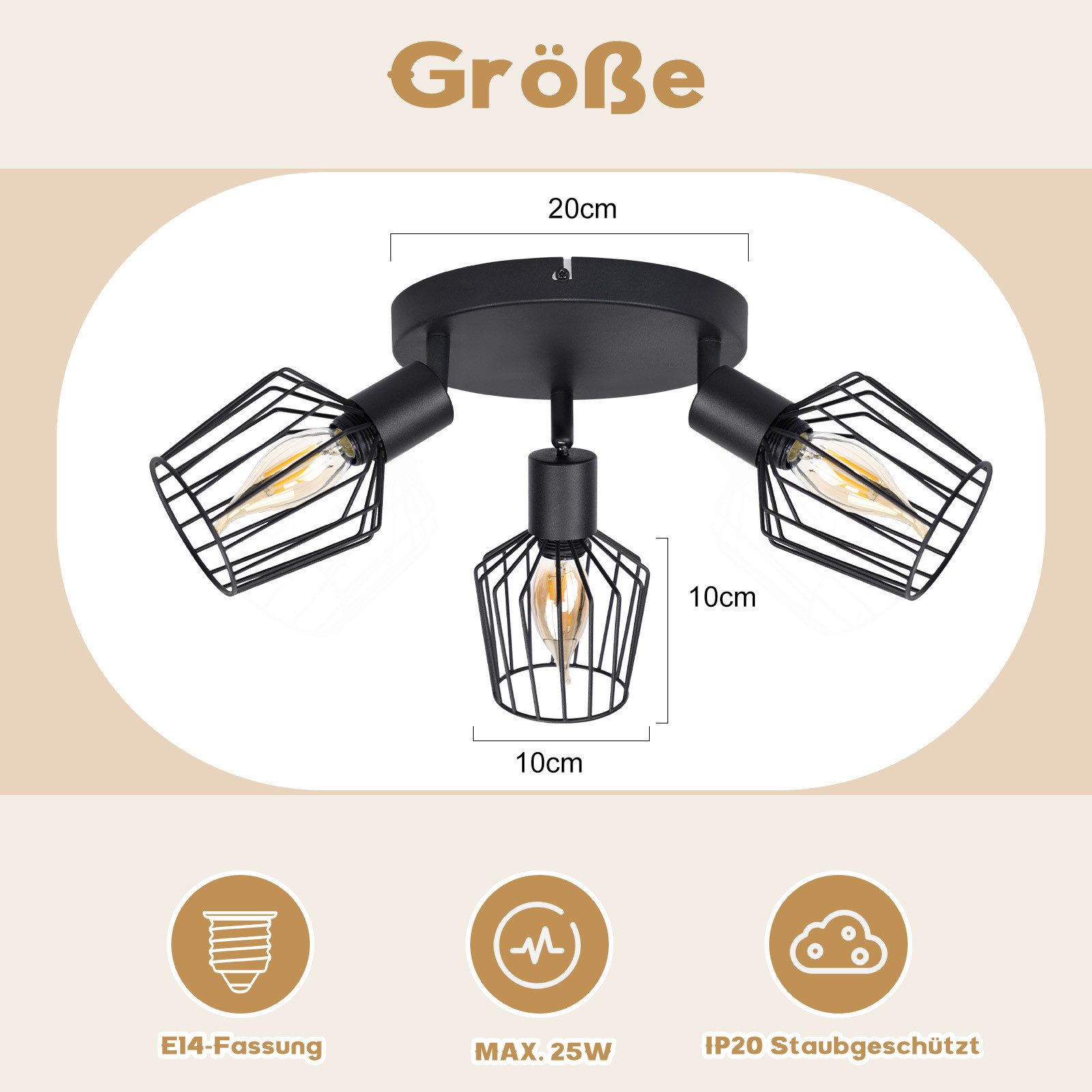 ZMH Deckenleuchte Wohnzimmer 3 Flamming - Rund Deckenspot für Flur Max.25W, Einfache Installation, ohne Leuchtmittel, Schwenbar 350° Rund Spotlight für Hotel