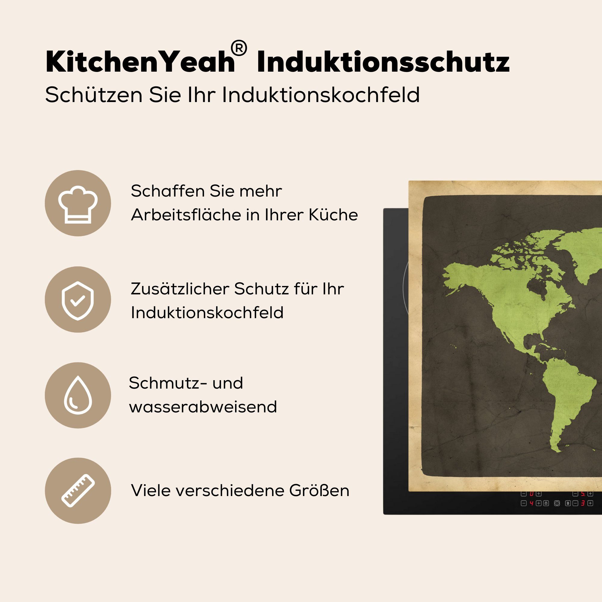 - Herdblende-/Abdeckplatte - Grün für küche, MuchoWow (1 Induktionskochfeld die 81x52 Vinyl, Weltkarte tlg), cm, Vintage, Ceranfeldabdeckung Schutz