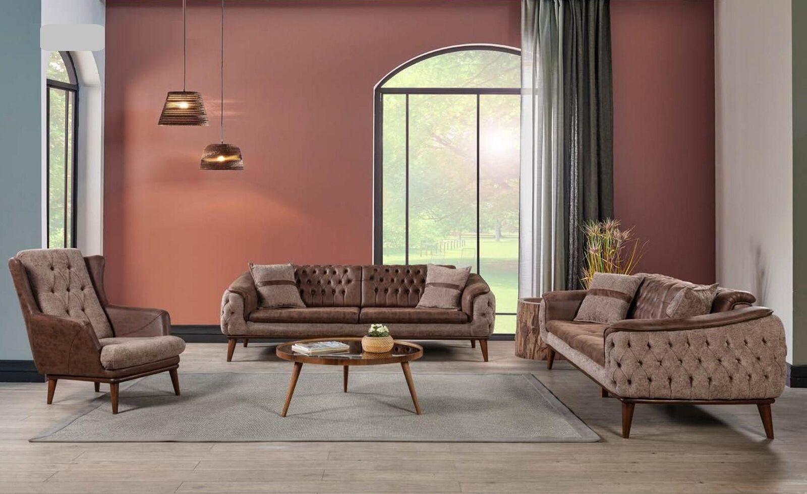 JVmoebel Wohnzimmer-Set Braun Sofagarnitur Luxus Sofas Sessel 3+3+1 Sitzer Chesterfield Design