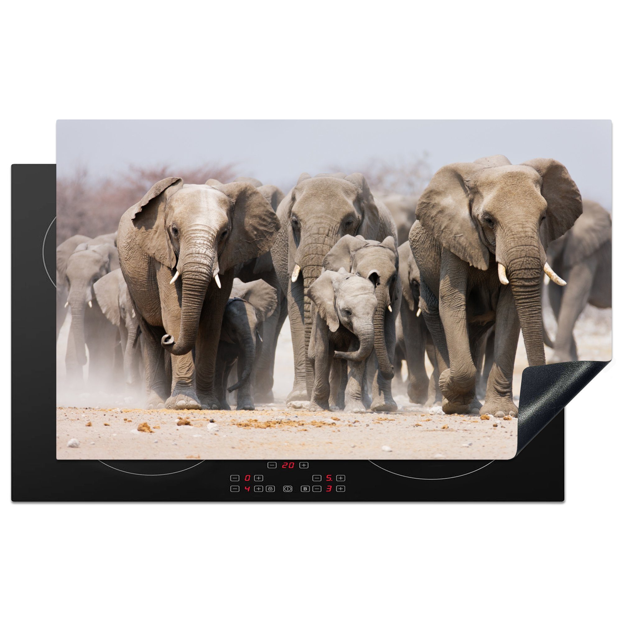 MuchoWow Herdblende-/Abdeckplatte Elefanten - Stoff - Natur, Vinyl, (1 tlg), 83x51 cm, Ceranfeldabdeckung, Arbeitsplatte für küche