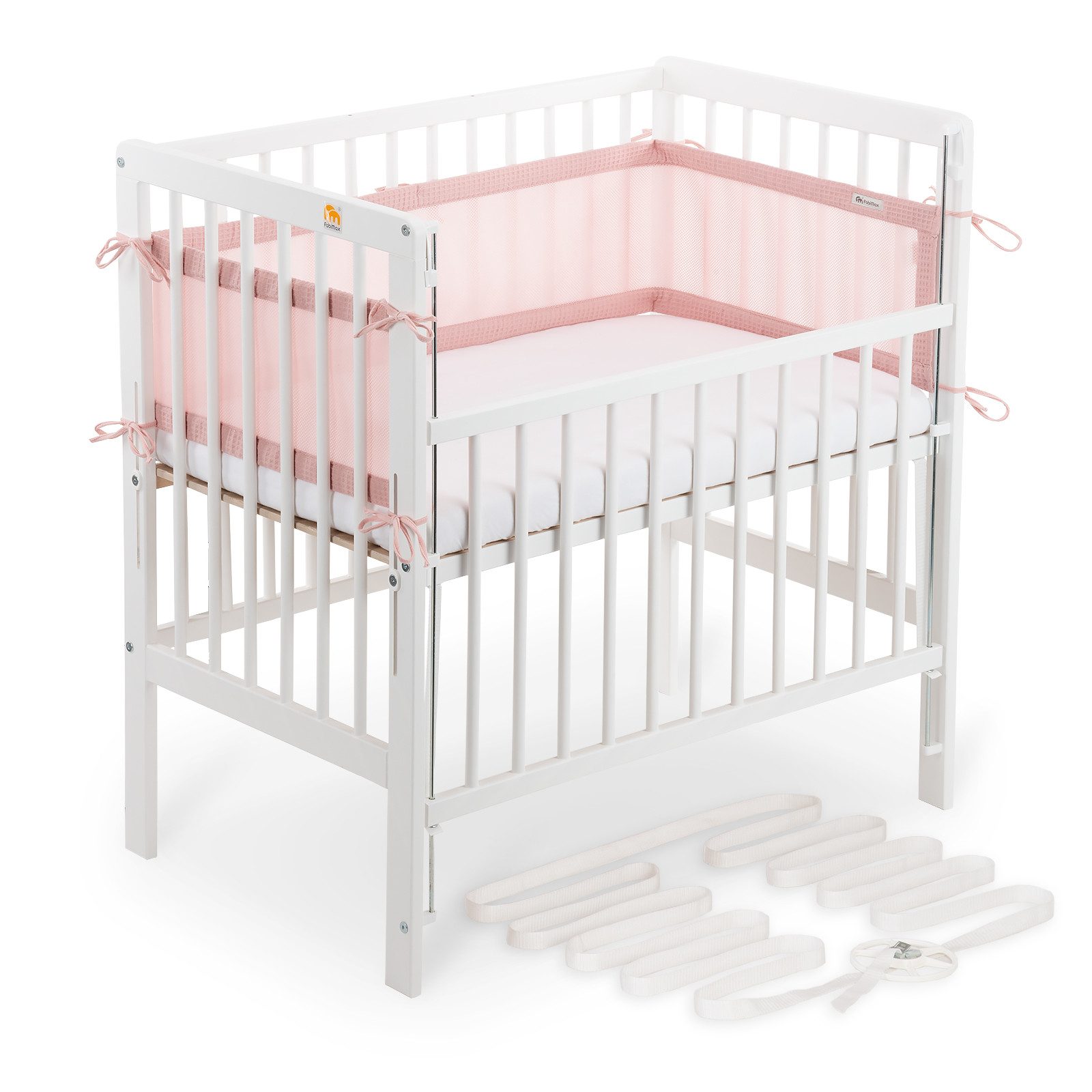 FabiMax Beistellbett Beistellbett Flex 90x55, TÜV geprüft, aus Buchenholz weiß lackiert, stufenlos höhenverstellbar, passend für Boxspringbetten, 2 in 1
