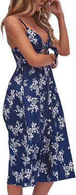 FIDDY Blusenkleid Damen Sommer V-Ausschnitt Sommerkleid Midi Träger A-Linie Kleider