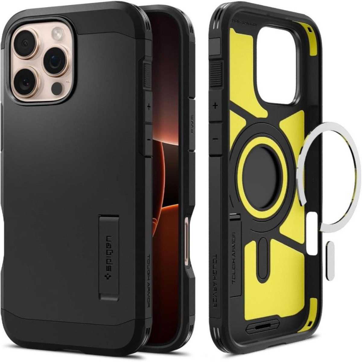 Spigen Handyhülle Tough Armor Magnetfunktion Kompatibel mit iPhone 16 Pro Schwarz, Kompatibel mit iPhone 16 Pro, edles Oberflächenfinish
