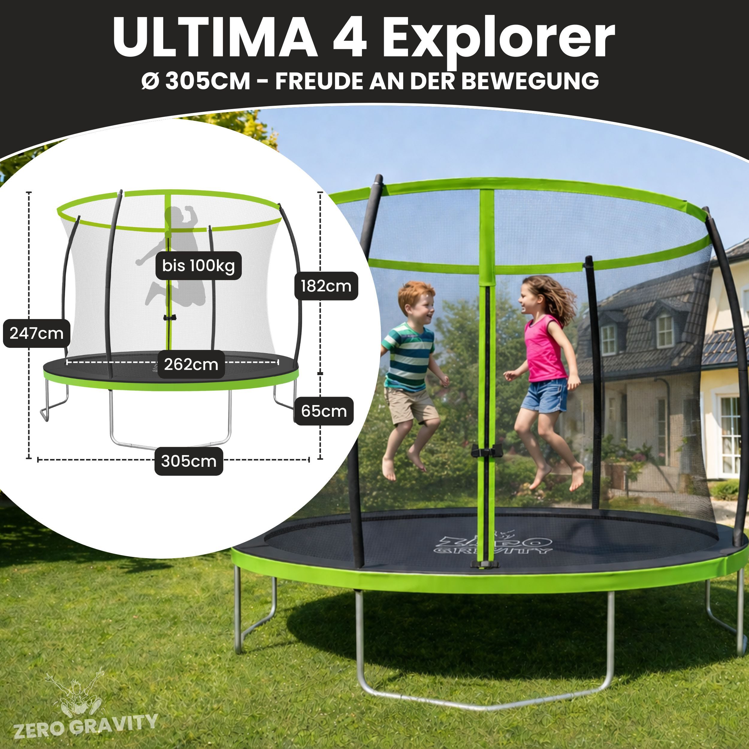 Zero Gravity Gartentrampolin Trampolin Outdoor Ø305cm mit smartem Klappnetz, Ø 305 cm, Schneller Netzabbau in 5 Min ohne Werkzeug