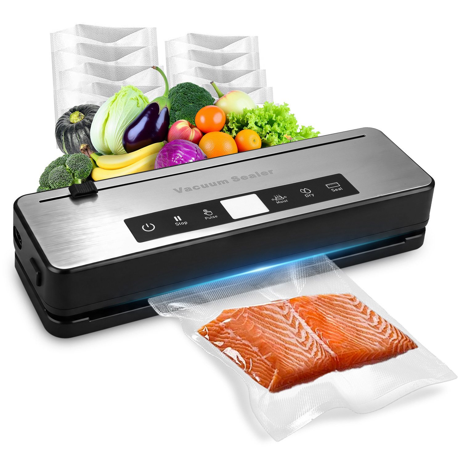 CkeyiN Pro Vakuumierer 80 kPa Vakumierergerät für Lebensmittel,4-in-1 Folienschweißgerät, 100W, für Trockene, Feuchte, Frische, mit Schlauch und 10Vakuumier-Beutel