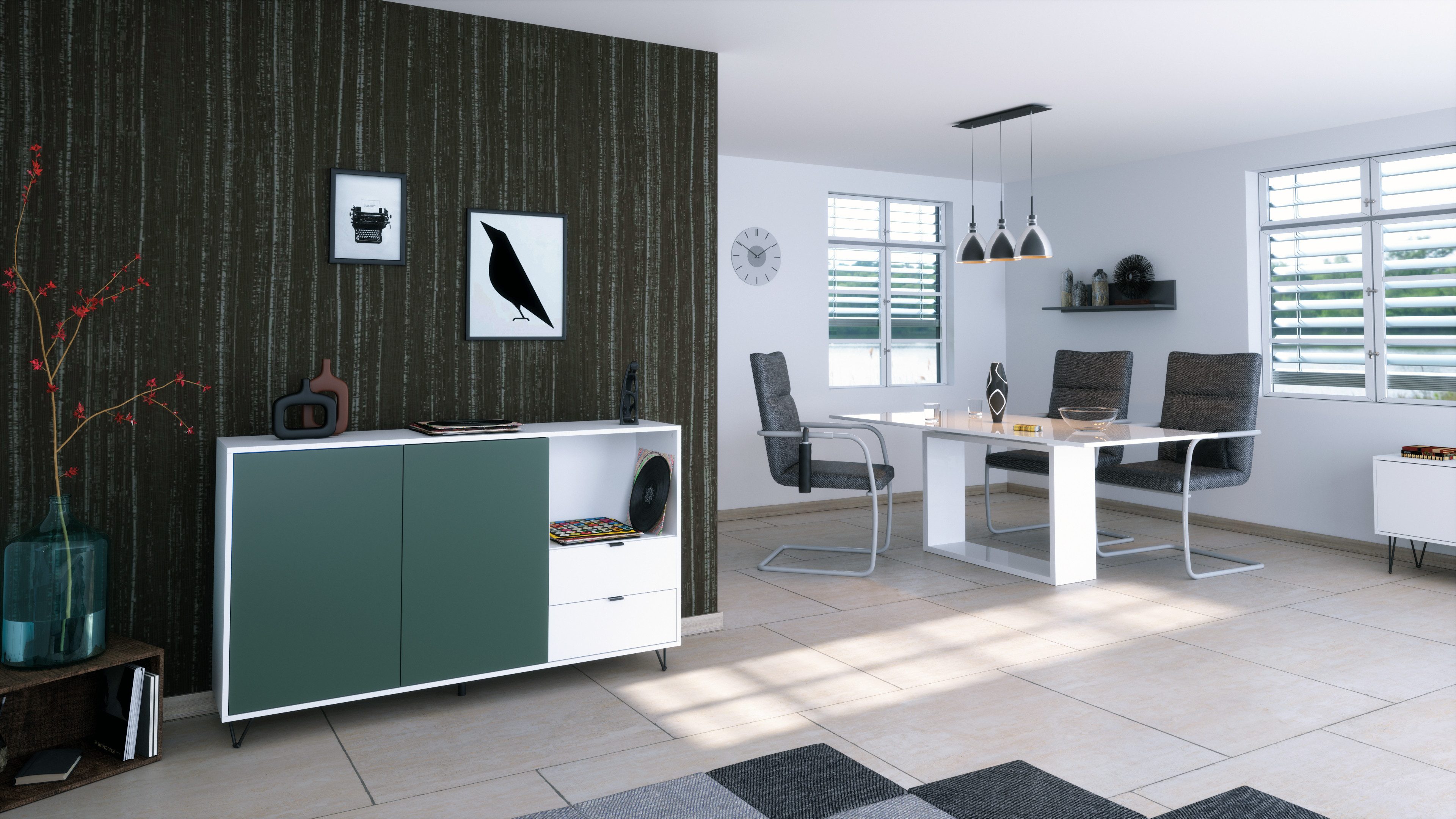 Vladon Sideboard Marino (Kommode mit 2 Türen Fjord Grün, 2 Schubladen Weiß matt, Made in Germany), Korpus Weiß matt (152,5 x 90,5 x 37 cm)