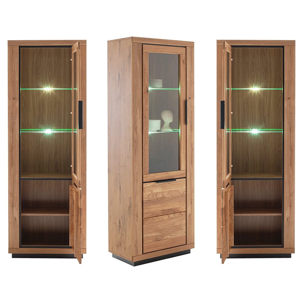 Lomadox Wohnwand GIUSTINO-06, (3-St., Vitrine Wandboard Lowboard), Eiche teilmassiv geölt, Massivholzfronten, LED-Beleuchtung