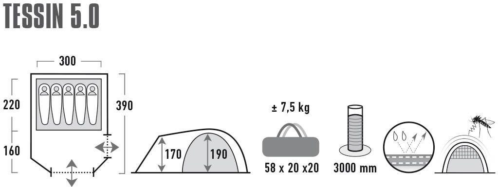 Tessin Kuppelzelt High Peak 5.0, Personen: (mit Transporttasche) 5 Zelt