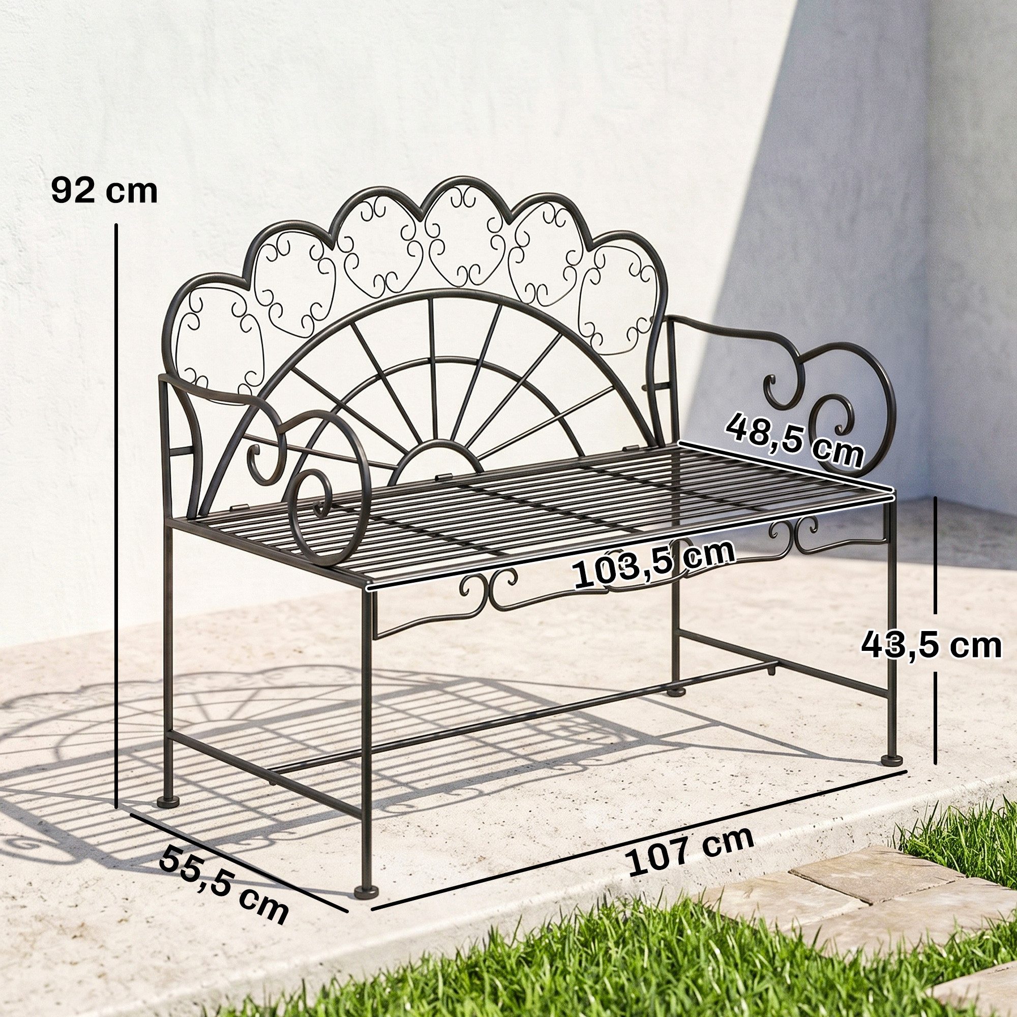 Outsunny Gartenbank Bank Gartenmöbel 2-Sitzer (Parkbank, 1-St., Sitzbank), Metall 107cm x 55,5cm x 92cm
