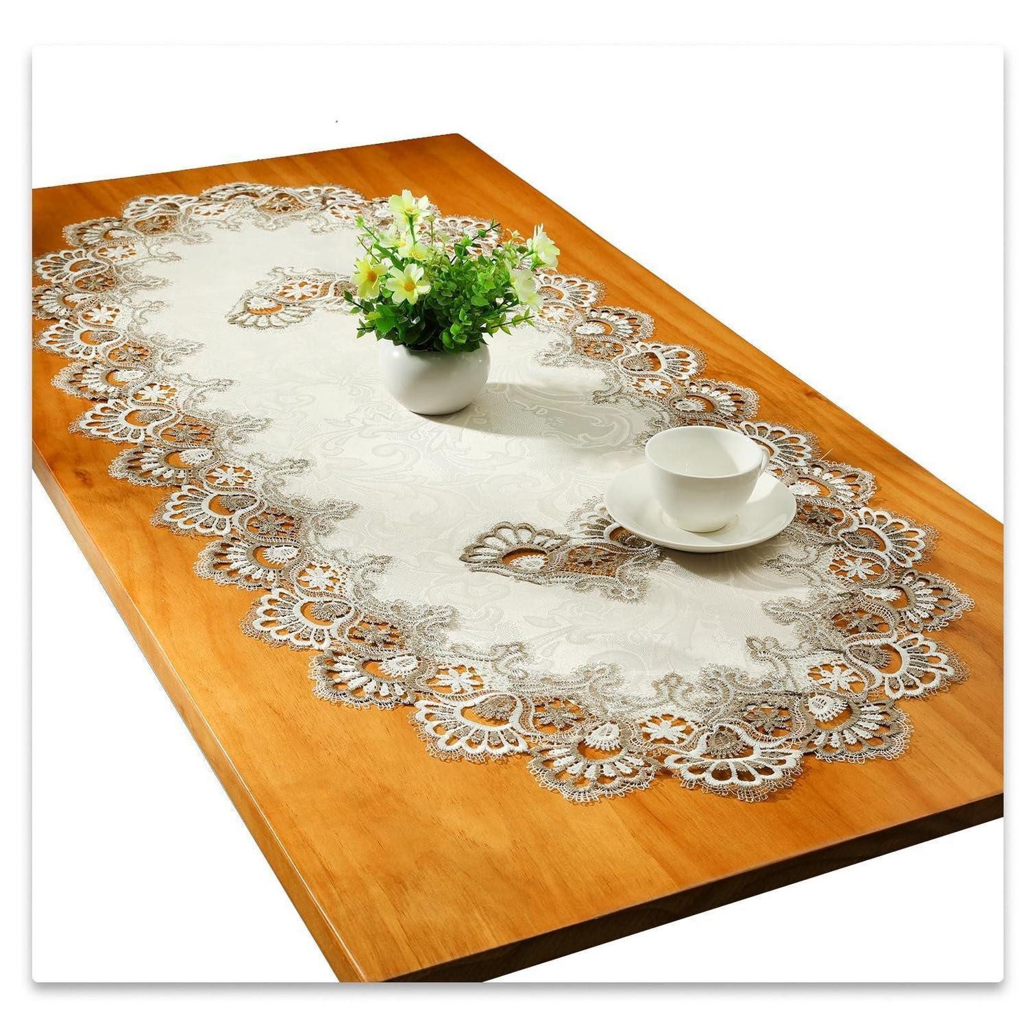 LuxusKollektion Tischläufer Tischläufer Spitze Oval Grau 50x110cm (1-tlg)