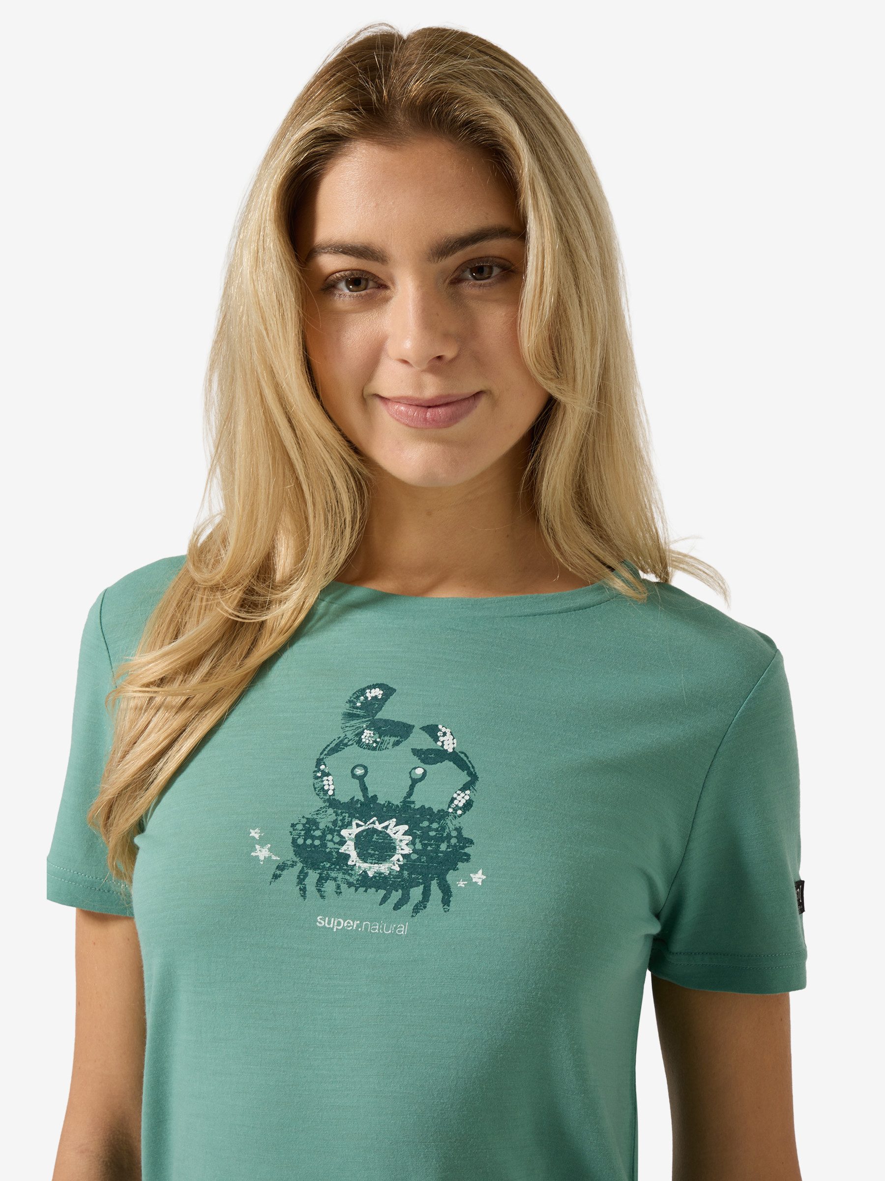 SUPER.NATURAL T-Shirt für Damen,Merino W MRS CRAB TEE mit Tier-Motiv, atmungsaktiv