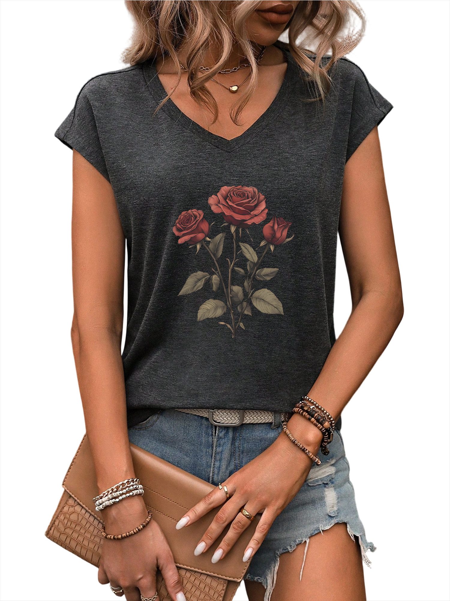 PYLIKE V-Shirt Damen bequemes Ärmellos-Shirt Lockere Tanktop mit Rose Druck günstig online kaufen