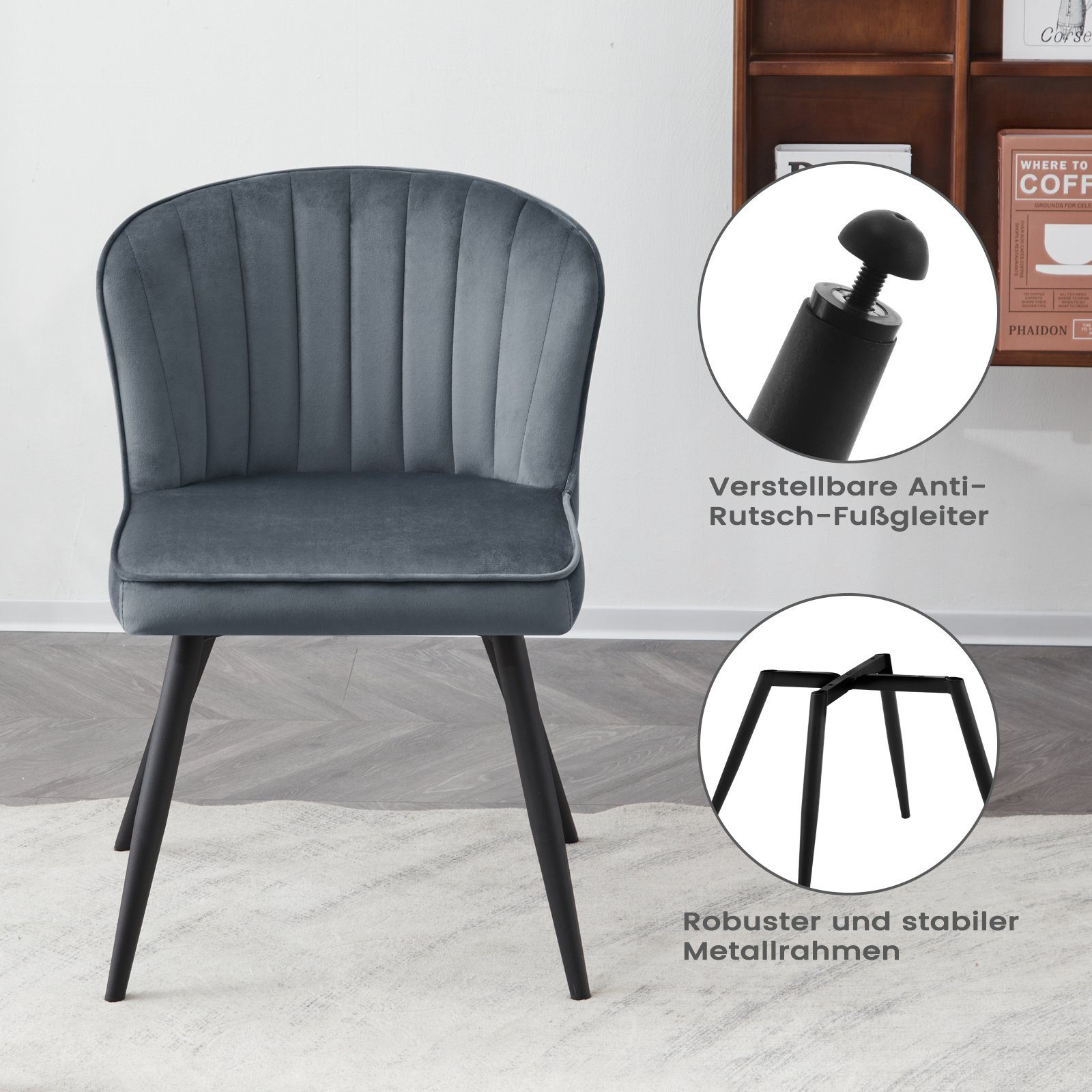 EUGAD Polsterstuhl (2 St), Modern, Dunkelgrau Esszimmer Metallbeine Samt, aus Stühle