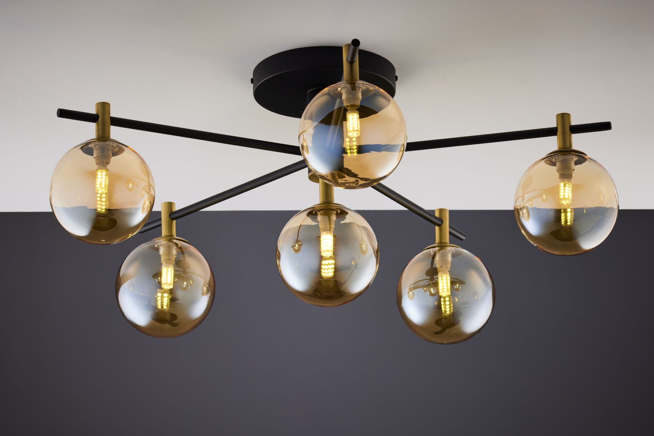 Licht-Erlebnisse Deckenleuchte WOBLAL, ohne Leuchtmittel, Rauchglas Metall G9 in Schwarz Bernstein Gold 6-flammig Kugel Schirm