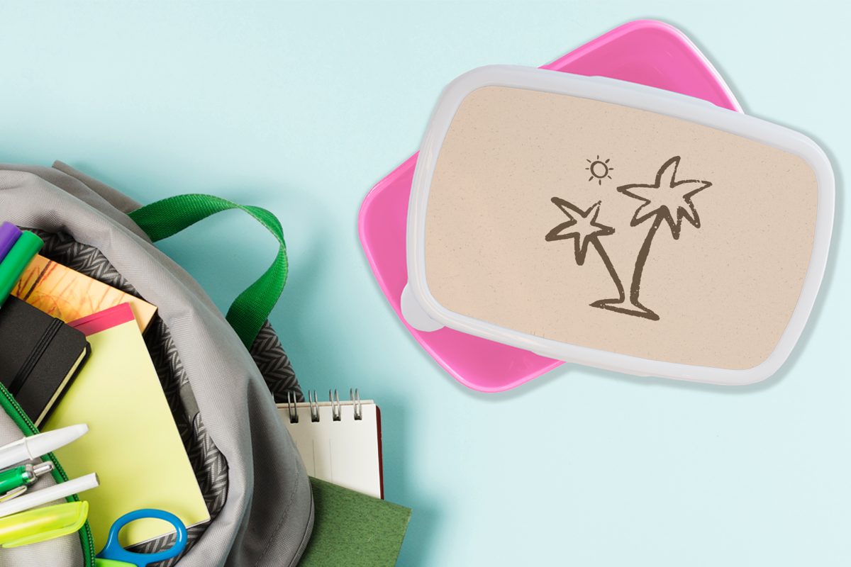 MuchoWow Lunchbox Palme - Sonne Snackbox, Brotdose Mädchen, (2-tlg), Rosa, Brotbox Erwachsene, Kinder, - Kunststoff, für Kunststoff