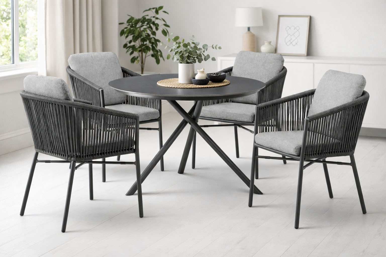 Destiny Garten-Essgruppe LUCCA BARLETTA 2 Se + Tisch Ø 110x75cm, anthrazit, (Set, 10-tlg., 4 Stapelsessel inkl. Polster, 1 Tisch), Aluminium, Olefin-Rope, HPL