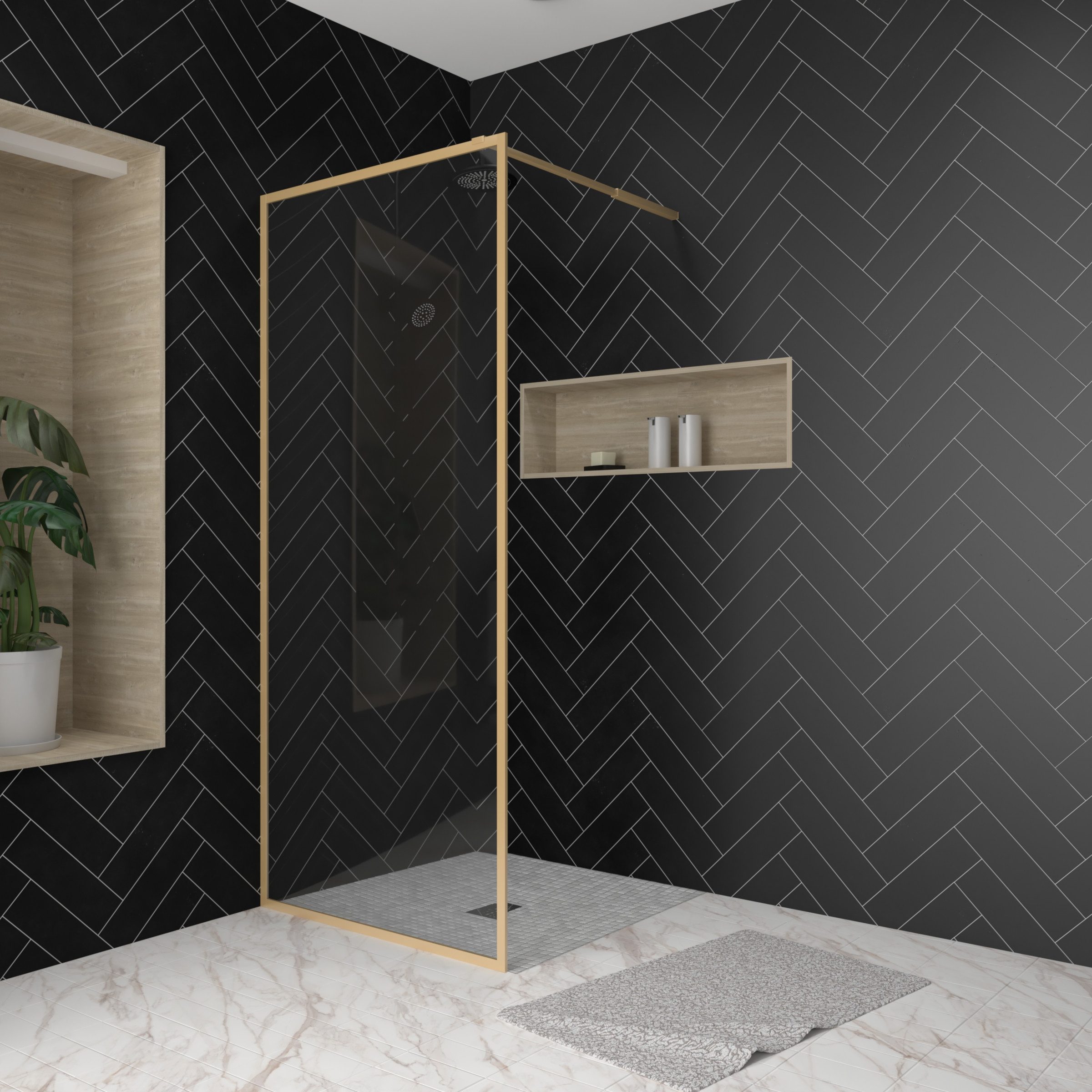 Marwell Walk-in-Dusche Golden Frame, Einscheibensicherheitsglas, mit ausziehbarem Haltearm, Aluminiumrahmen in gebürsteter Optik