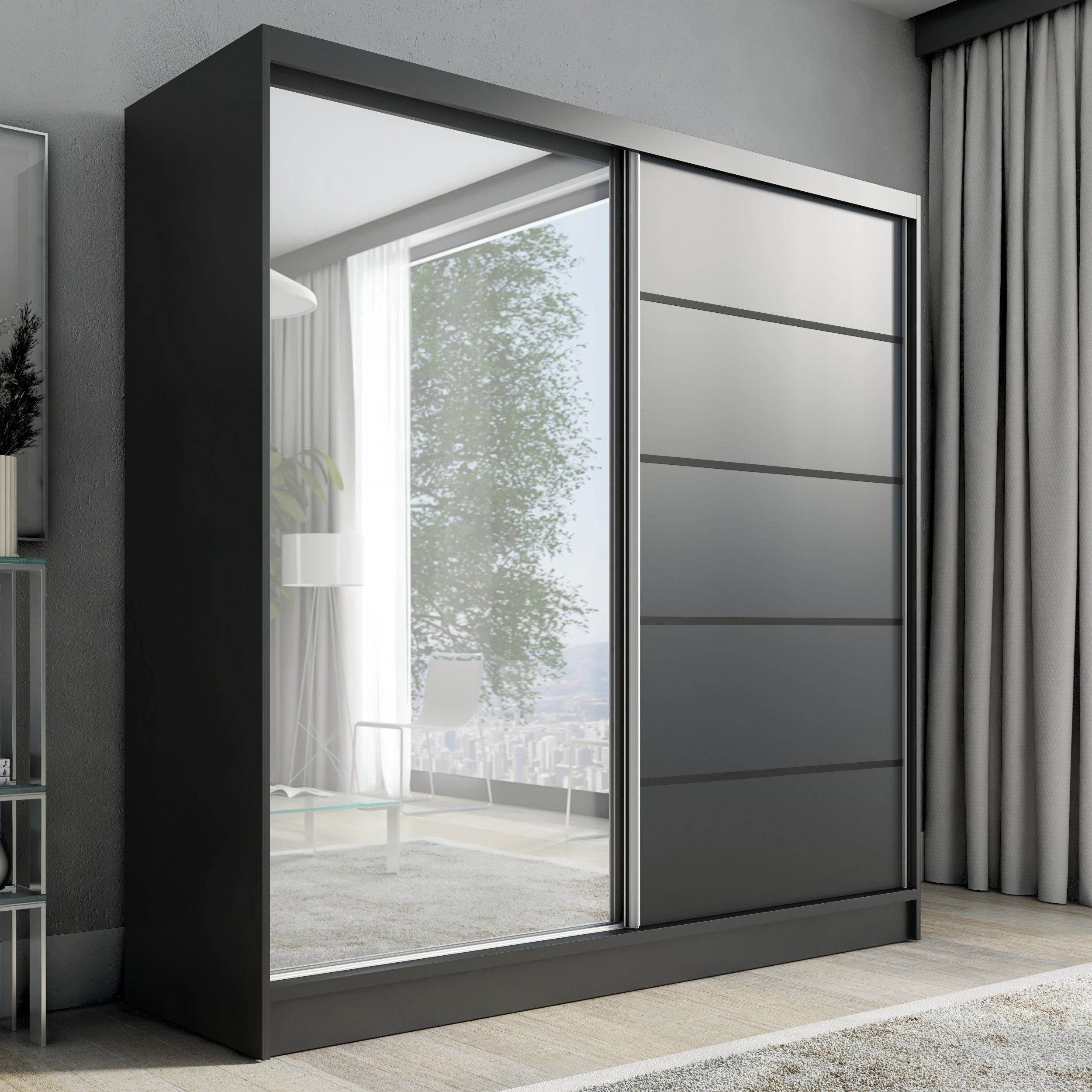 A&J MöbelLand GmbH Schiebetürenschrank NERO 2 200 cm mit Spiegel drei Schubladen (TOP ANGEBOT! Geräumiger Schrank mit einer Breite von 200 cm und Spiegel, ideal zur Aufbewahrung von Kleidung und Accessoires. 3 Schubladen und viel Stauraum. TOP PRODUKT! Wählen Sie das ideale Modell für Ihr Schlafzimmer!, Inclusive 3 Schubladen) Breite: 200 cm, Höhe: 215 cm, Tiefe: 59,5 cm