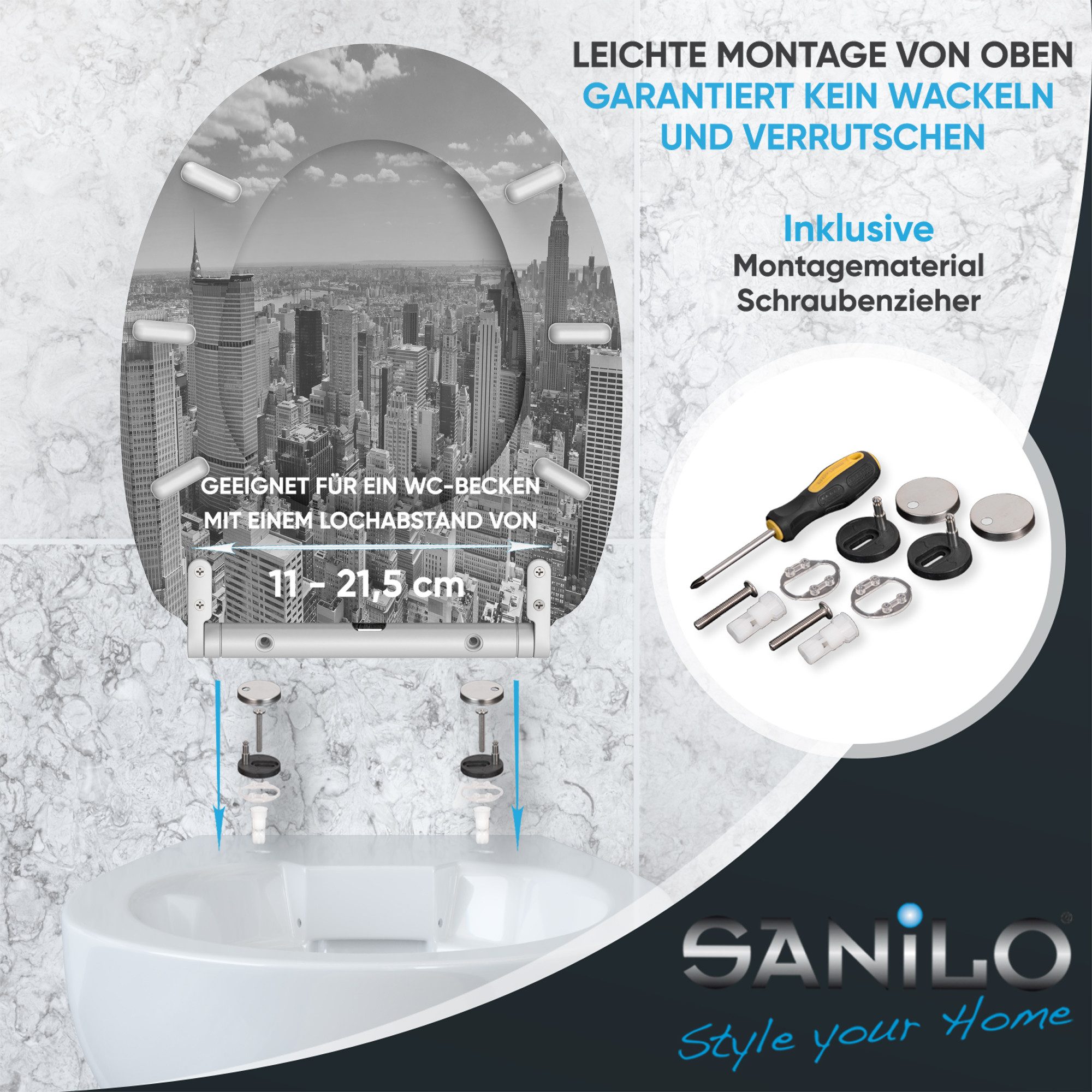 Sanilo WC-Sitz Skyline New York mit Absenkautomatik & Quick Release, Premium Toilettendeckel, abnehmbar, leichte Montage von oben – Bild 5 von 5