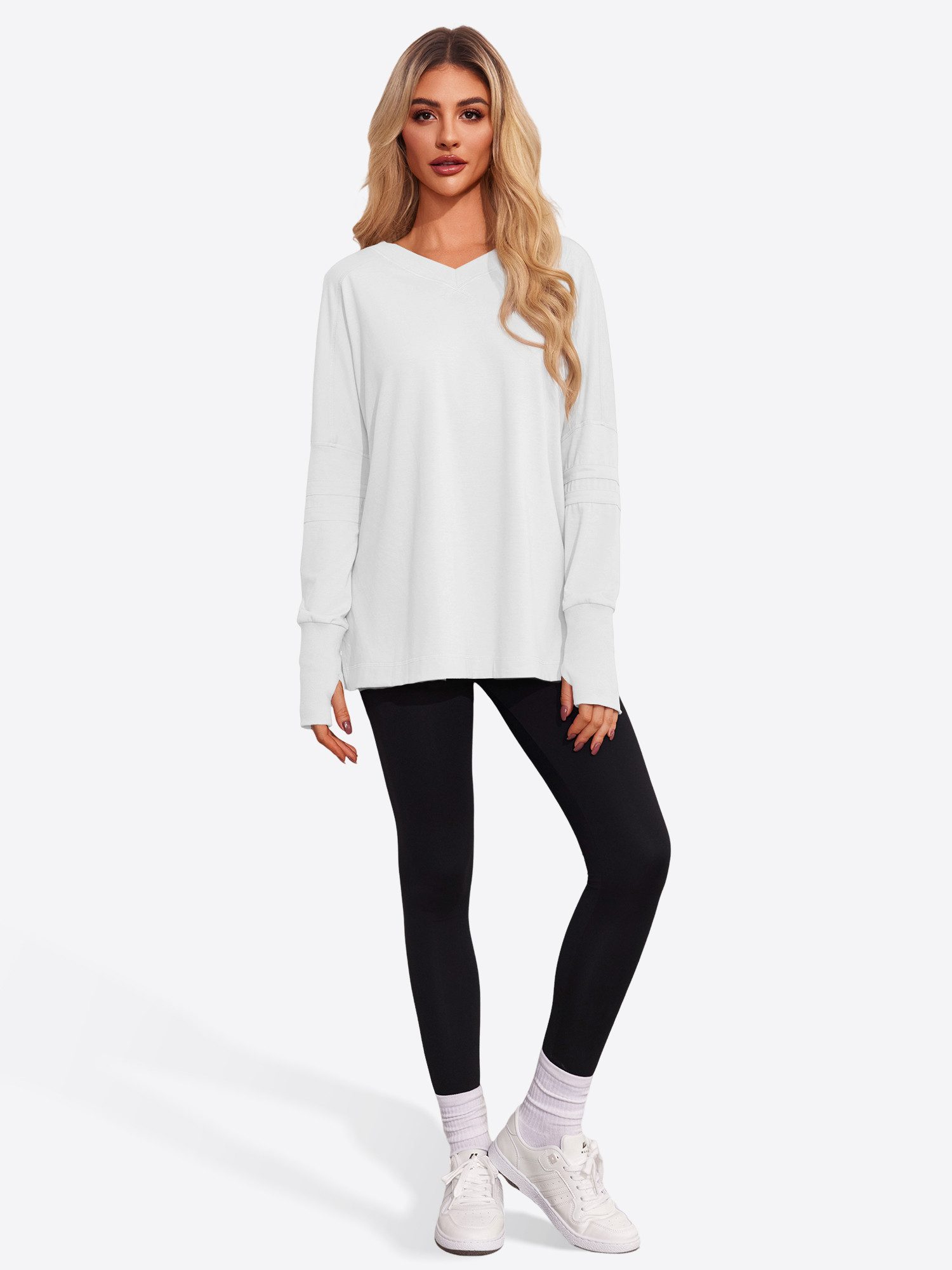 Imily Bela Langarmshirt Damen Oversize mit V-Ausschnitt Raglanärmeln und Daumenlöchern (Packung, 1-tlg., 1per-Pack) in Unifarbe