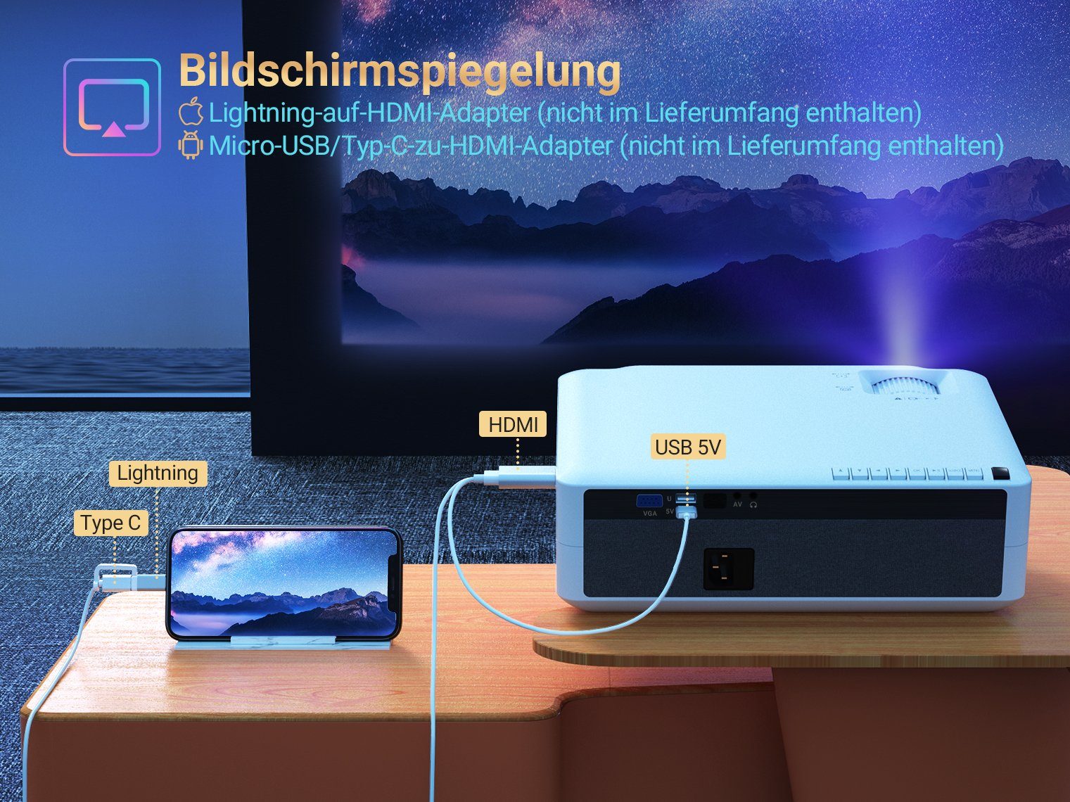 lm, Heimkino, Lux VANKYO 1920*1080 px, V630W Support 7000 (7000 Performance Mini Full iOS/Android) Beamer 1000:1, WiFi HD, Beamer HDMI