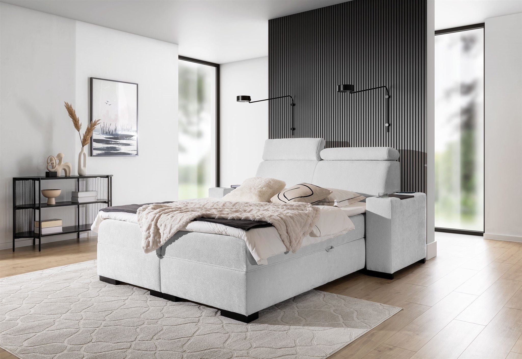 Fun Möbel Boxbett Bett NESTOR in Stoff Dress Me Set.2 inkl. 2 x Nachttisch (inkl. Bettkasten und Topper, Einstellbare Kopfstützen), Nachttische mit Stauraum, Becherhalter und Handy-Ladegerät