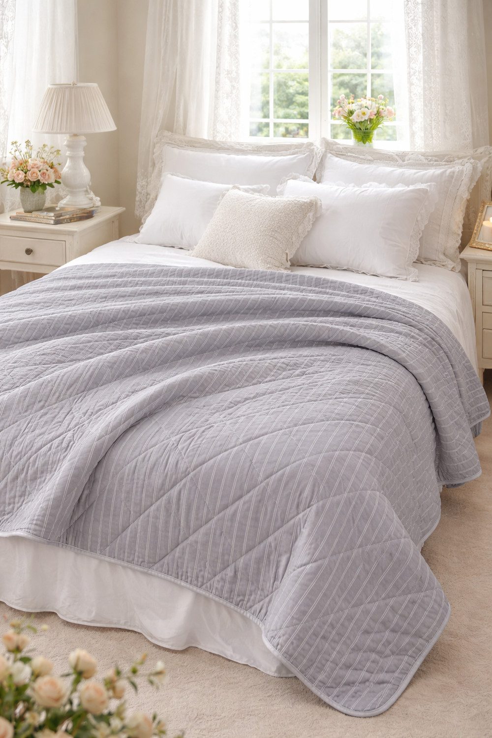 Wohndecke double stripe-charcoal, AU Maison, Quilt-Optik aus Baumwolle 140 × 180 cm