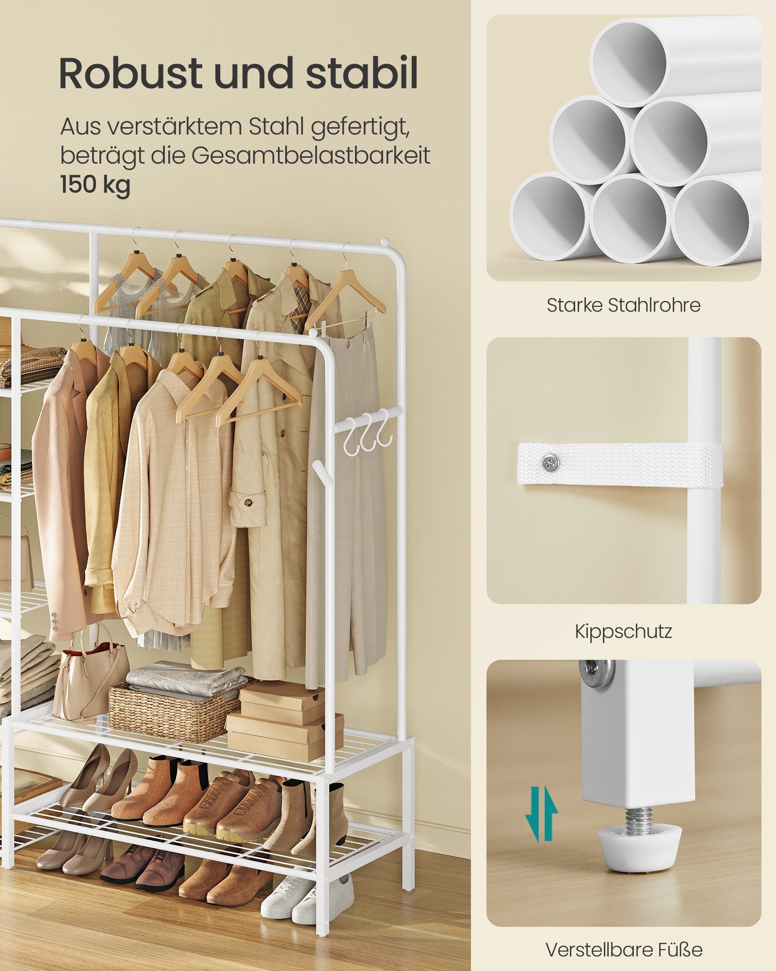 SONGMICS Kleiderständer Offener Kleiderschrank, Garderobenständer, mit Kleiderstange und 7/9 Ablagen, Metallrahmen – Bild 4 von 5