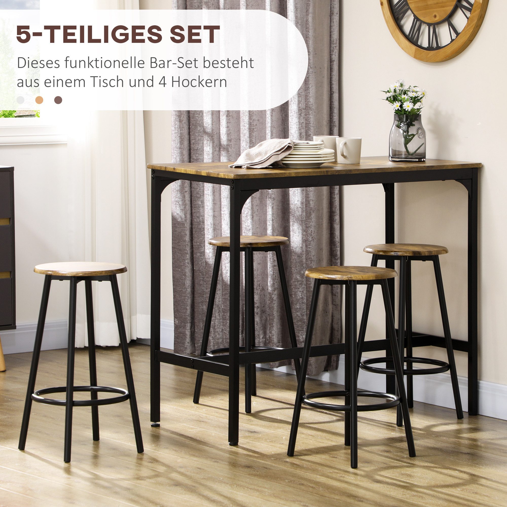 HOMCOM Bargruppe Tresentisch mit Fußstütze, (Set, 1 Tisch, 4 Stühle), Hocker unter Tisch verstaubar – Bild 4 von 5