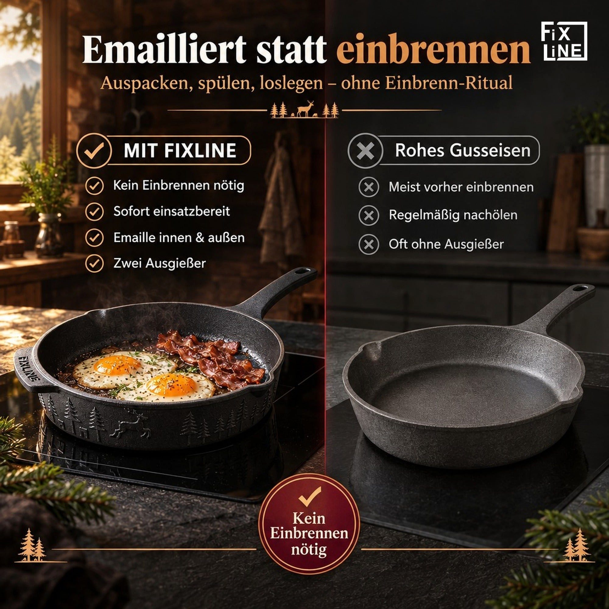 FIXLINE Bratpfanne Original Gusseisenpfanne 28cm Black Forest Edition - Emailliert, Gusseisen (Einzel, 1 Gusseisenpfanne), Emailliert, Black Forest Edition – Bild 5 von 5