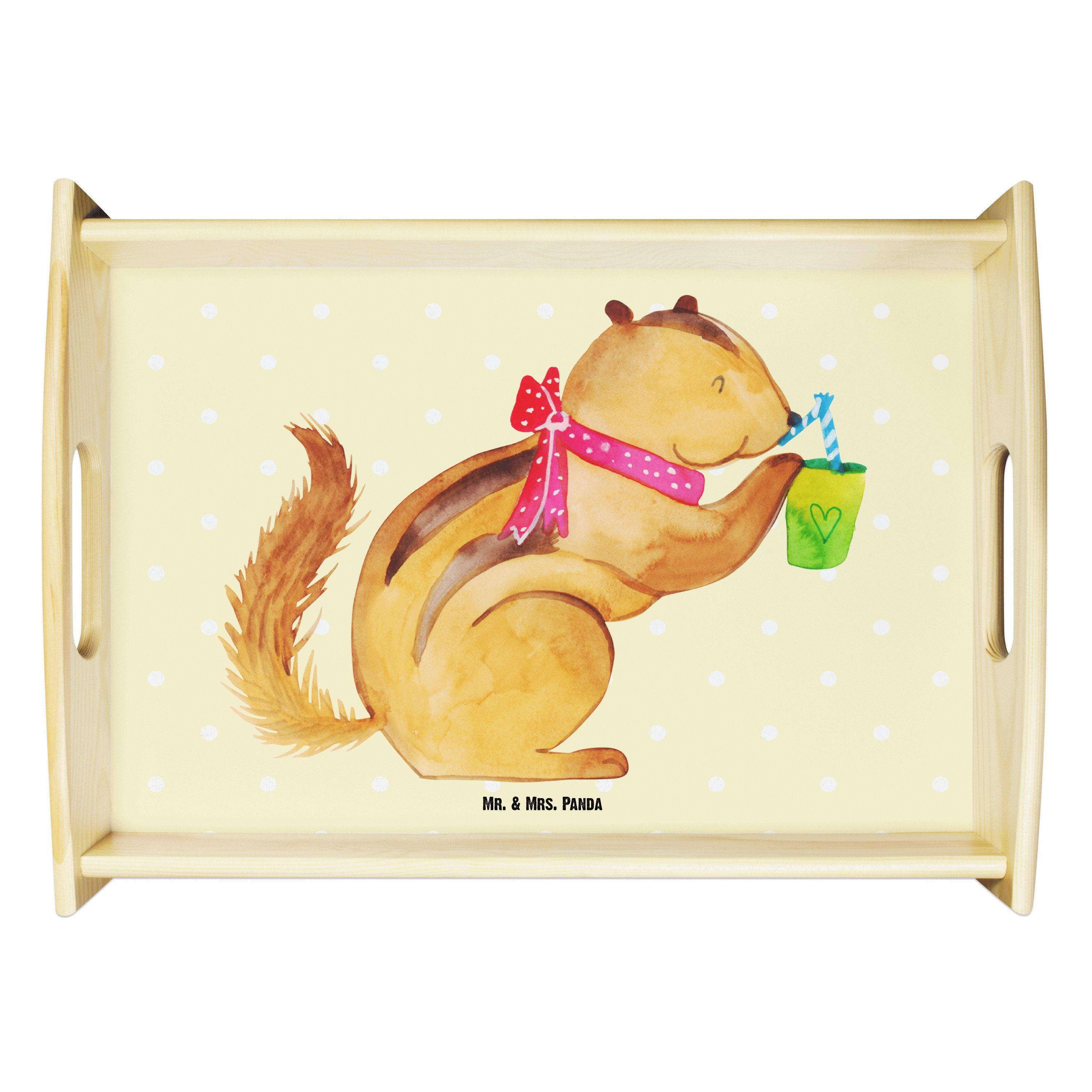 Mr. & Mrs. Panda Tablett Eichhörnchen Smoothie - Gelb Pastell - Geschenk, Diät, Tiermotive, Ta, Echtholz lasiert, (1-tlg)