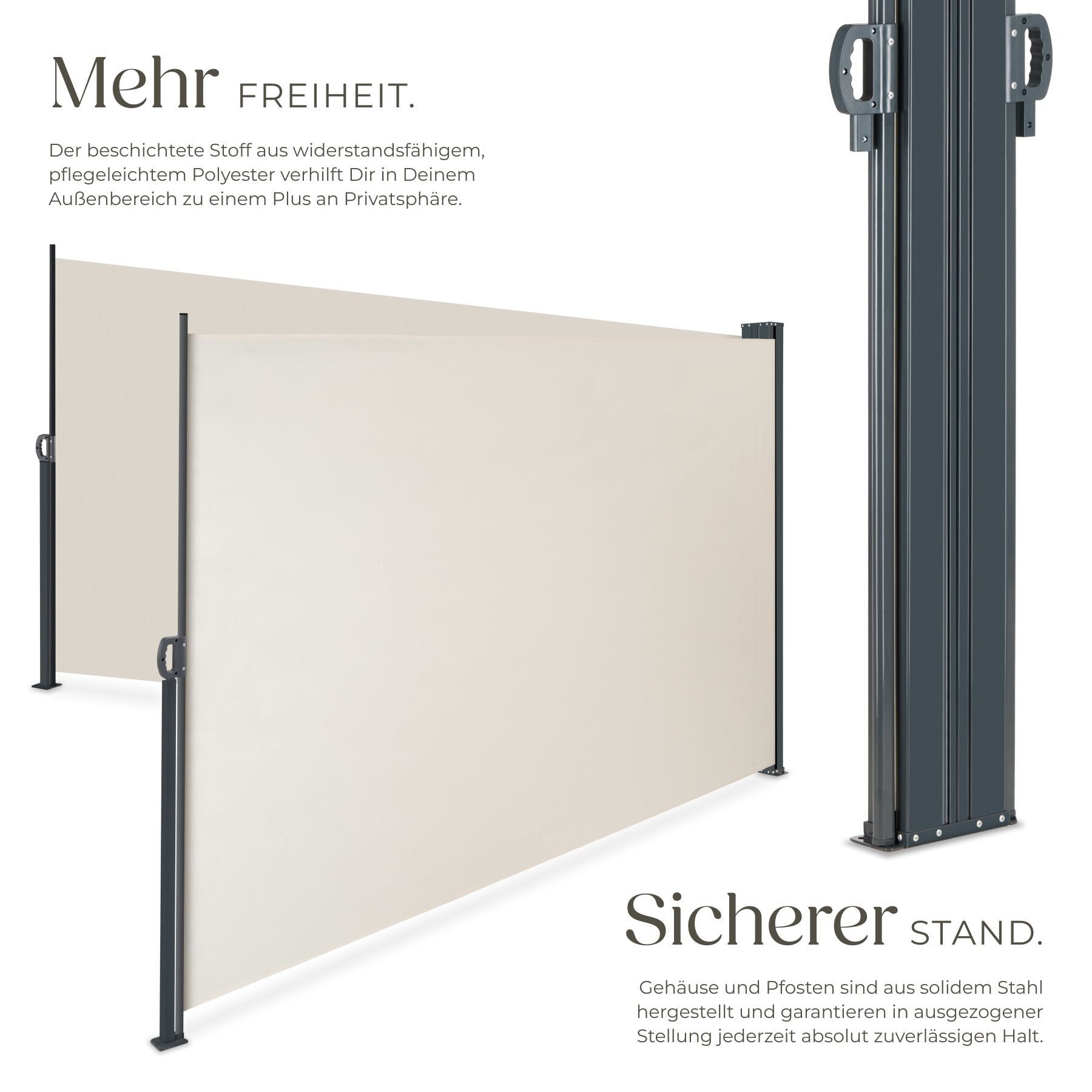 tectake Seitenarmmarkise Doppel-Seitenmarkise, ausziehbar, mit Aufrollmechanismus, 160 x 600 (Sichtschutzmarkise, in beige) wetterfest, blickdicht, Schutz vor Sonne und Wind, aus Polyesterstoff
