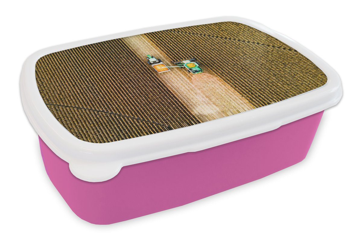 (2-tlg), - Erwachsene, Brotbox rosa Brotdose Kunststoff, Kunststoff Snackbox, für Lunchbox - Kinder, MuchoWow Feld Bauernhof Mädchen, Land Traktor Ernte, - -