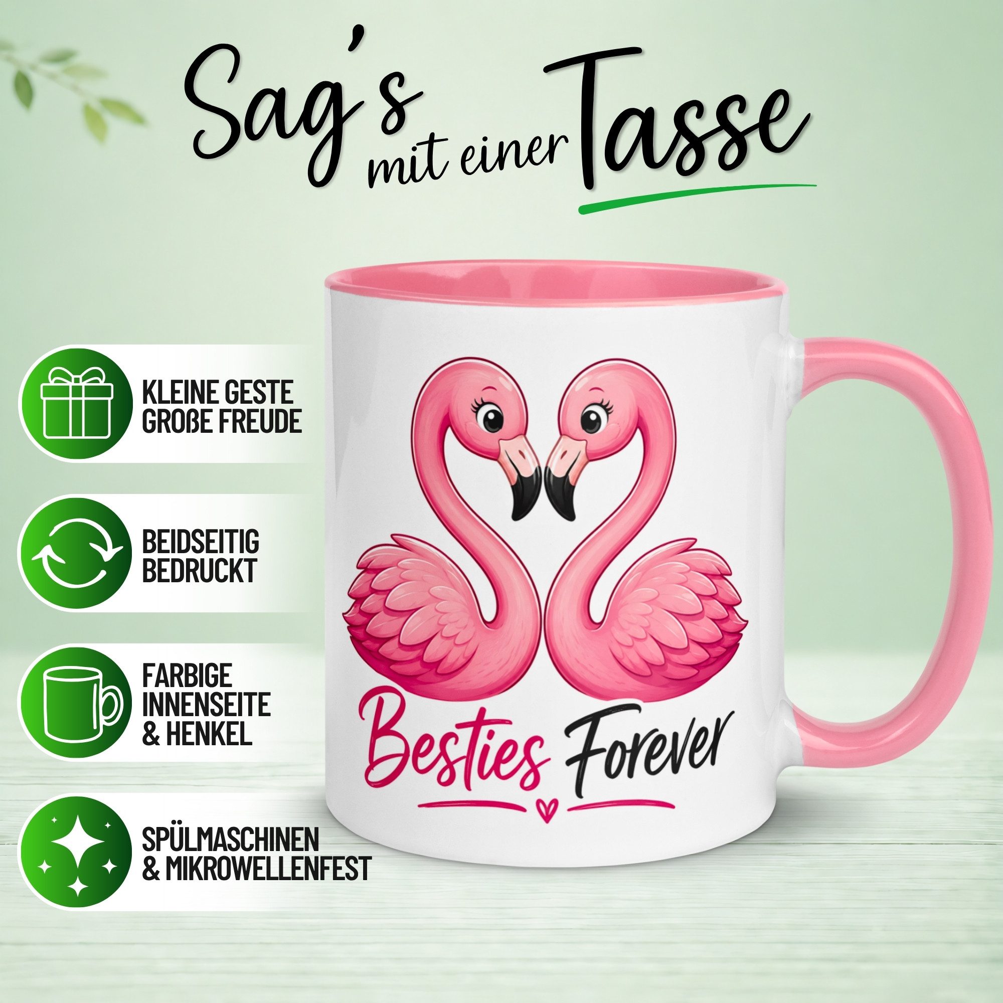 Momentals Tasse Freundschaft – „Flamingo - Besties forever“ – Geschenk Beste Freundin, Gratis Versand · Links-&Rechtshänder · Spülmaschinenfest