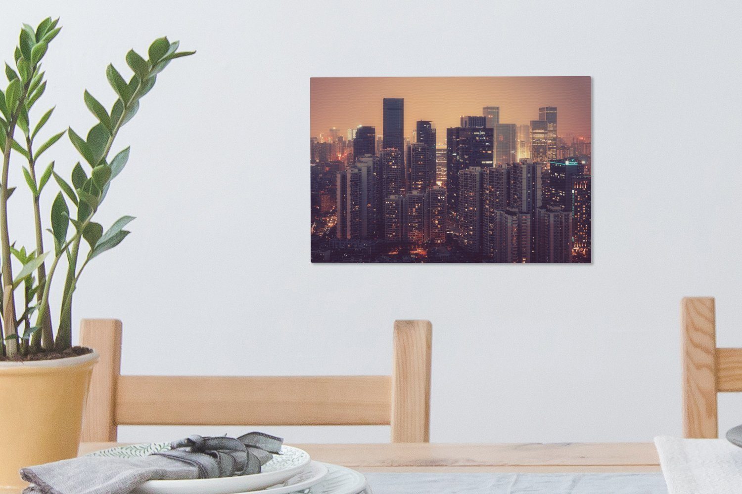 OneMillionCanvasses® (1 Wanddeko, Nacht, Leinwandbild in Leinwandbilder, China Aufhängefertig, Skyline Chengdu cm bei Stadt 30x20 der Wandbild St),