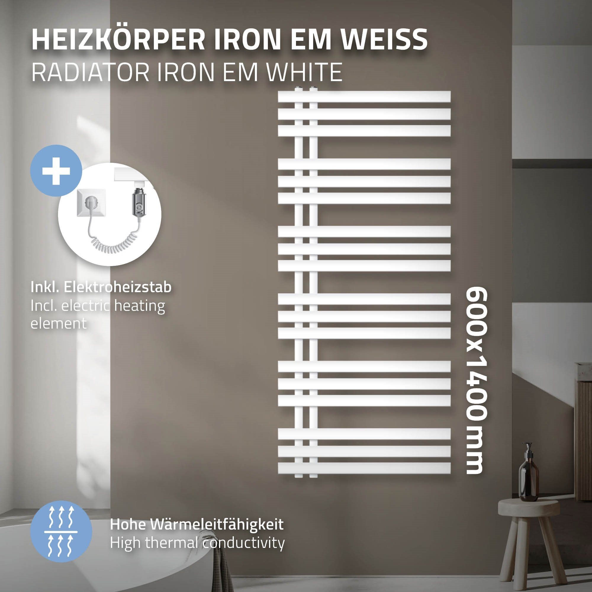 ECD Germany Badheizkörper Iron EM 600x1400mm Handtuchtrockner, Elektrisch Designheizkörper Weiß Heizstab 900W Paneelheizkörper