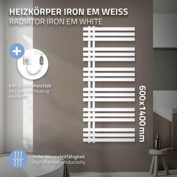 ECD Germany Elektrischer Badheizkörper Iron EM Designheizkörper Paneelheizkörper Handtuchtrockner, Elektrisch Heizstab 900W 600x1400mm Weiß
