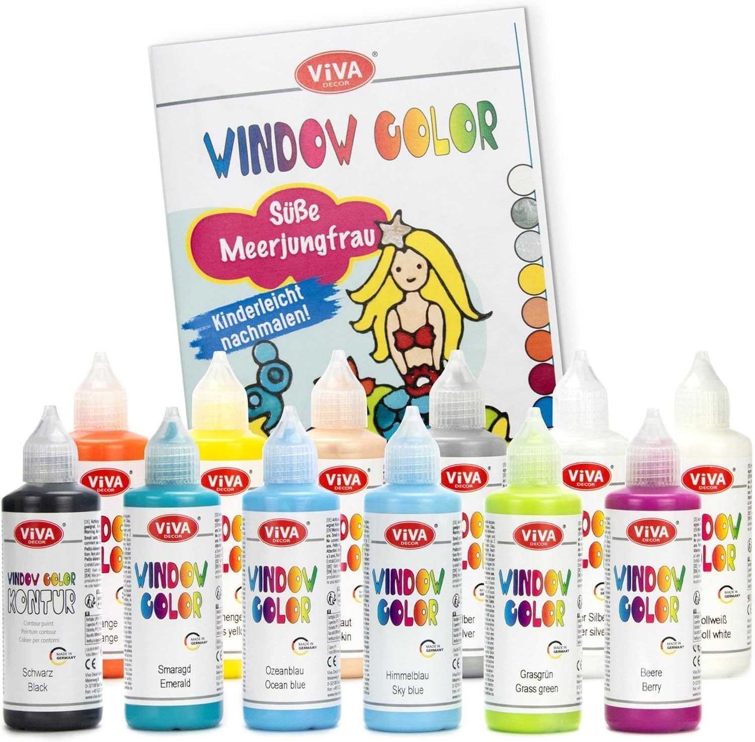 LM-Kreativ Bastelfarbe Window Color Set Süße Meerjungfrau, XXL-Set, wiederablösbar, inkl. Konturen, Folien & Vorlagenheft