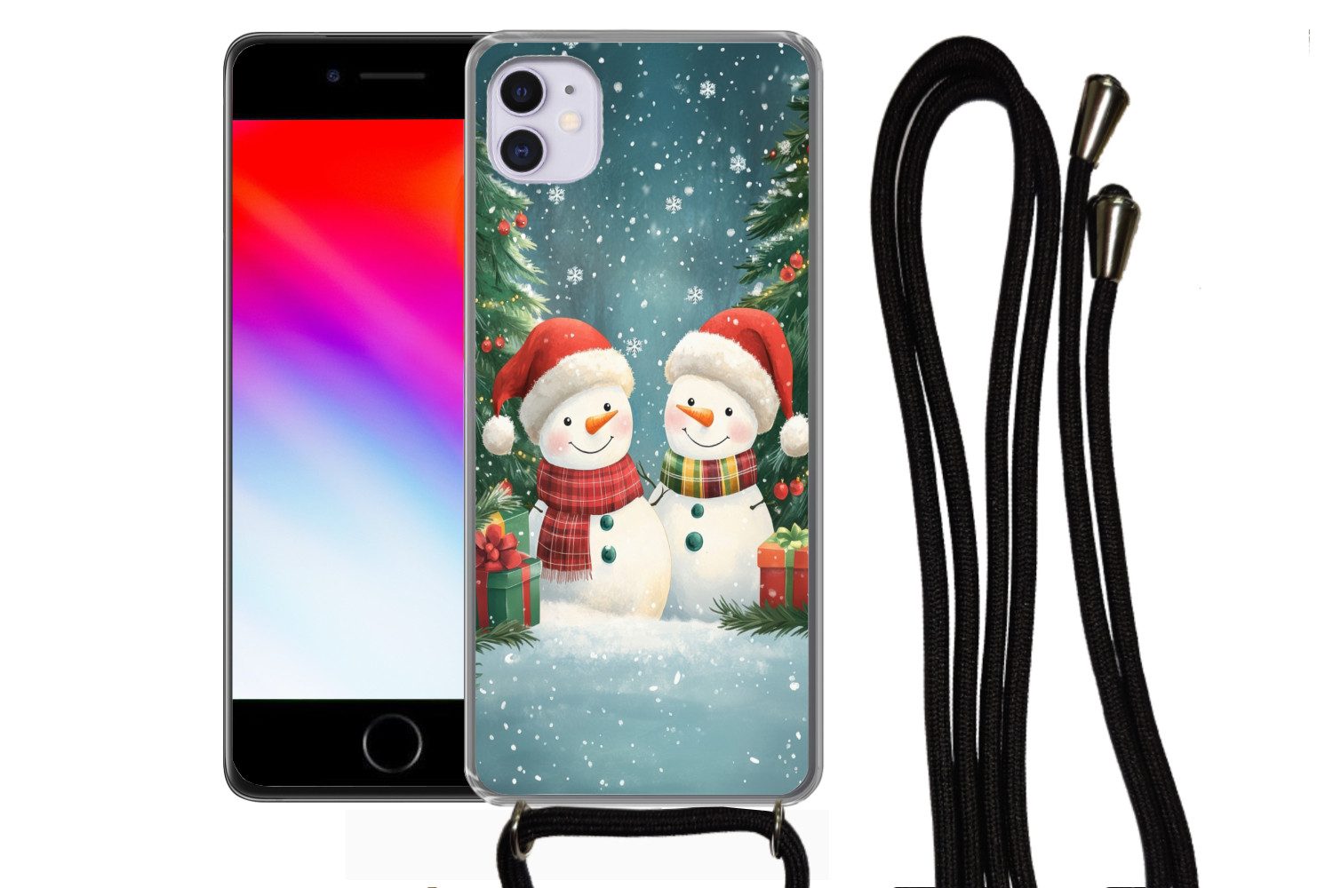 MuchoWow Handyhülle für Apple iPhone 12 Mini Schneemann - Weihnachtsschnee - Grün - Rot, Tragbare Handyhüllen mit Kette zum umhängen, Handykette Handyband