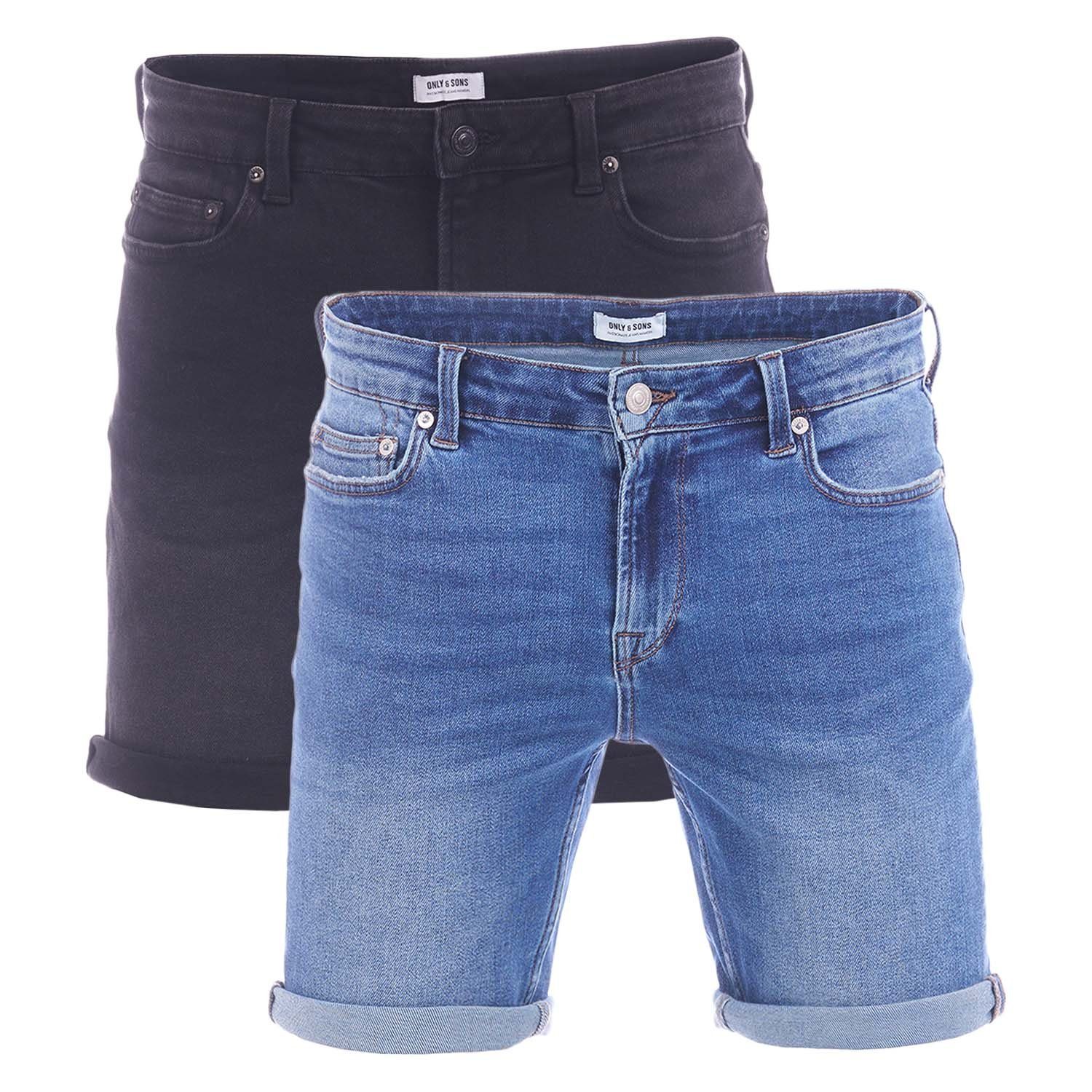 ONLY & SONS Jeansshorts Herren Shorts ONSPLY 2er Pack Regular Fit Bermudashorts mit Stretch Medium Blue / Black (22029141)