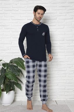 LOREZA Pyjama Schlafanzug langarm- Kariert - Dunkelblau (Set, 2 tlg)