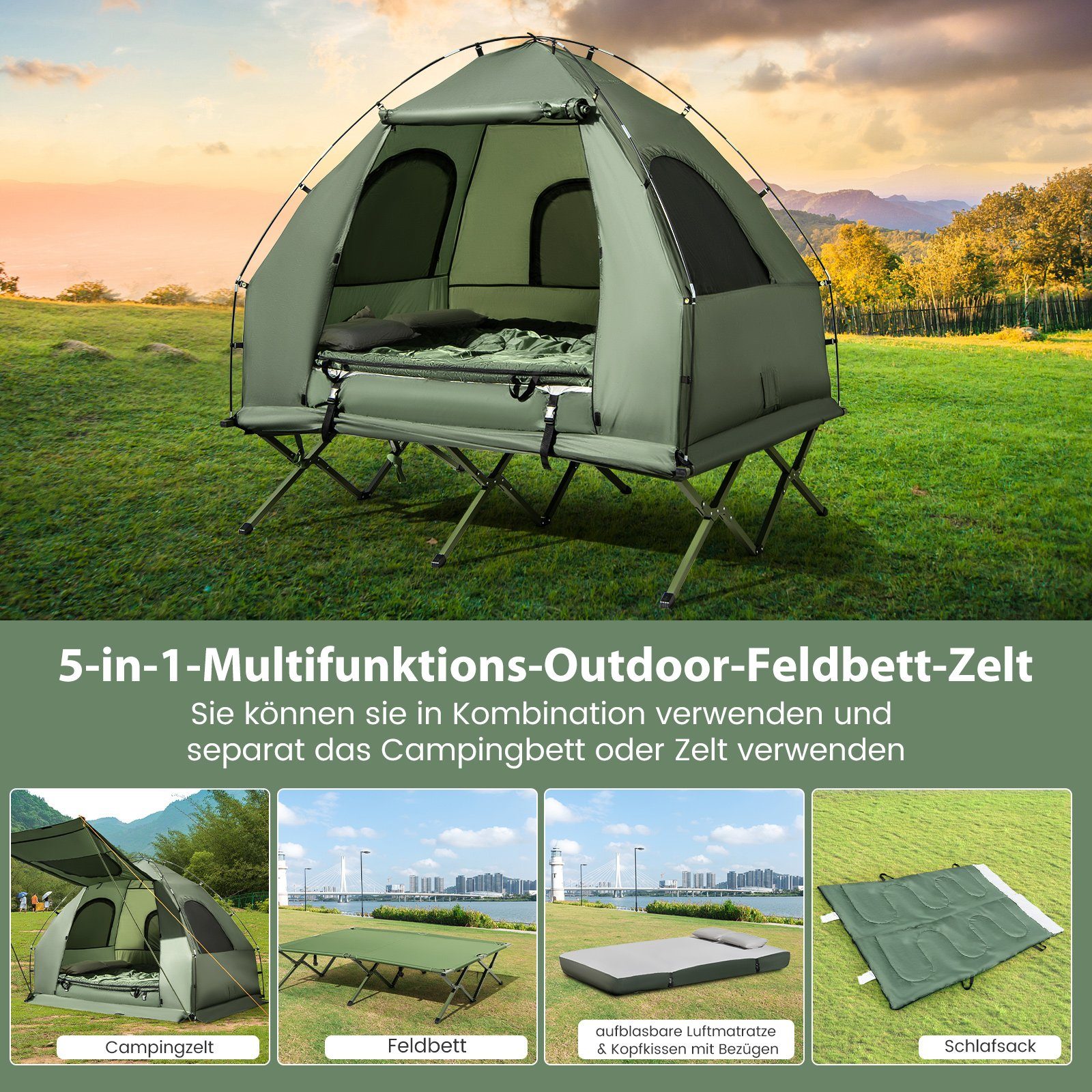 COSTWAY Kuppelzelt, Personen: 2, 5 in 1 Feldbett mit Luftmatratze
