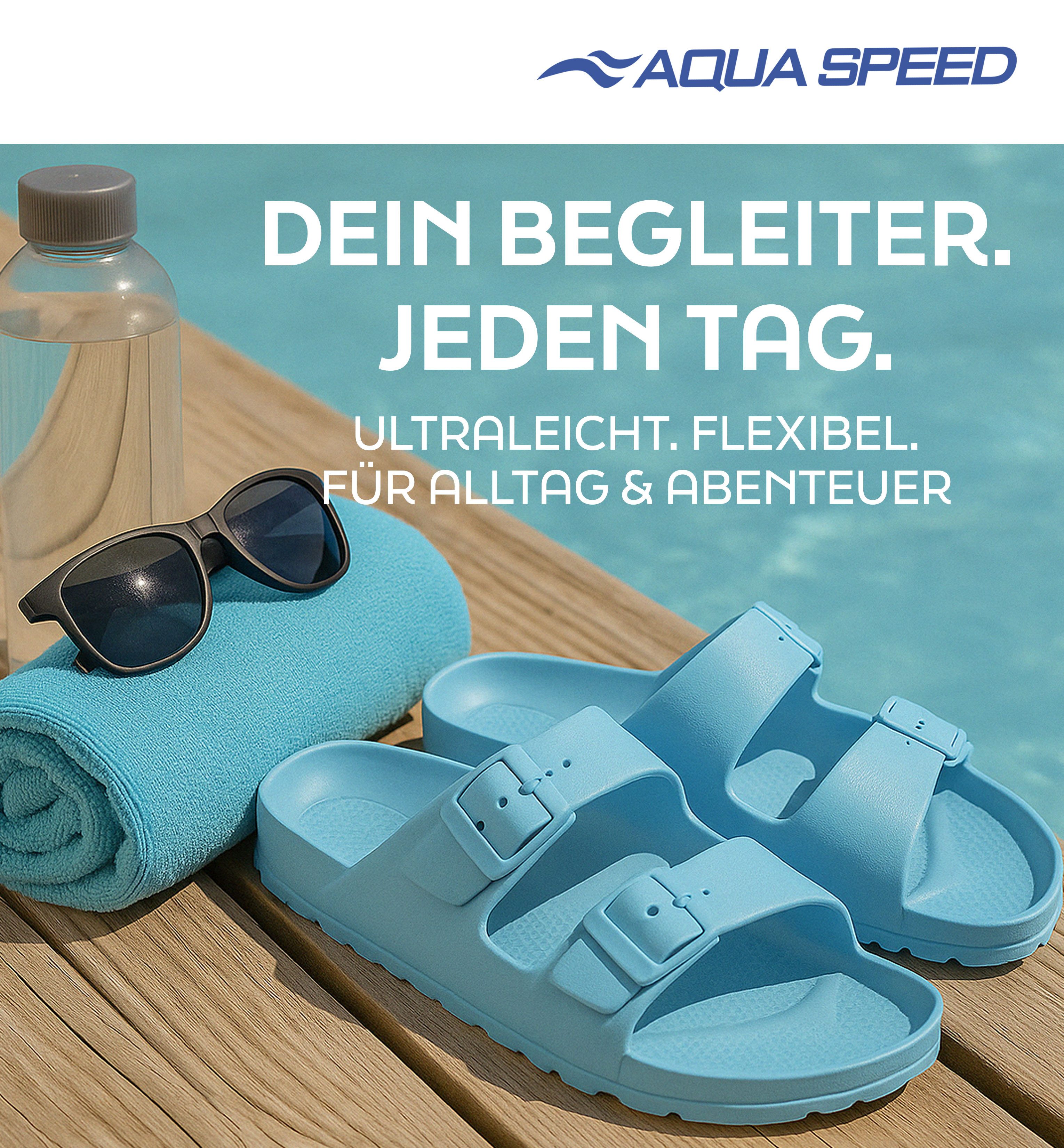 Aqua Speed Gr. 31 – leichte Kinder-Badesandalen + Handtuch im Set Badesandale (Strandgeeignete EVA-Sandalen – flexibel & angenehm zu tragen) Griffige EVA-Badelatschen – verstellbar & pflegeleicht
