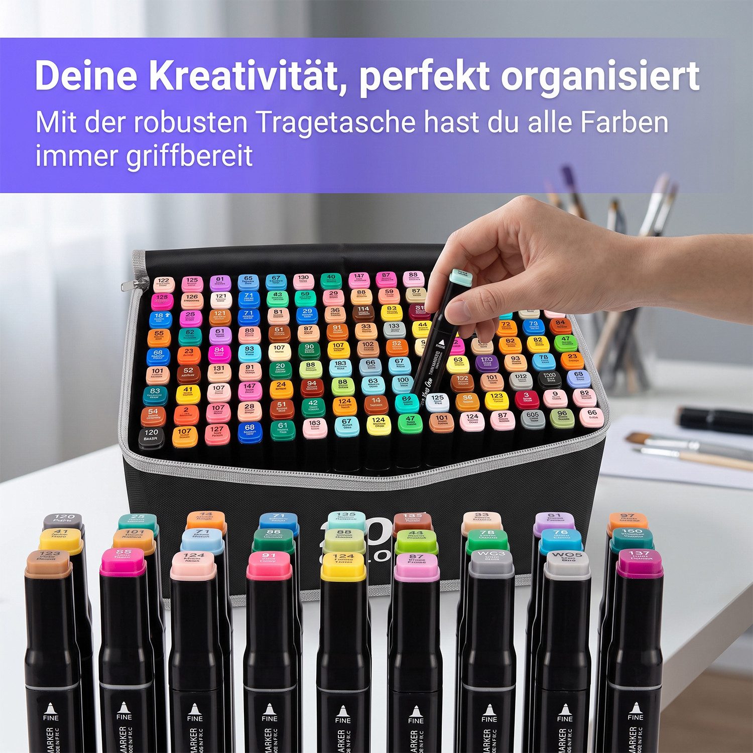 AKKEE Filzstift 204/262 Farben Filzstifte, Doppelte Spitze Permanent Marker Stifte Set, (204-tlg), mit Schwarzer Tragetasche und Abstandshalter für Malerei, Des – Bild 3 von 5