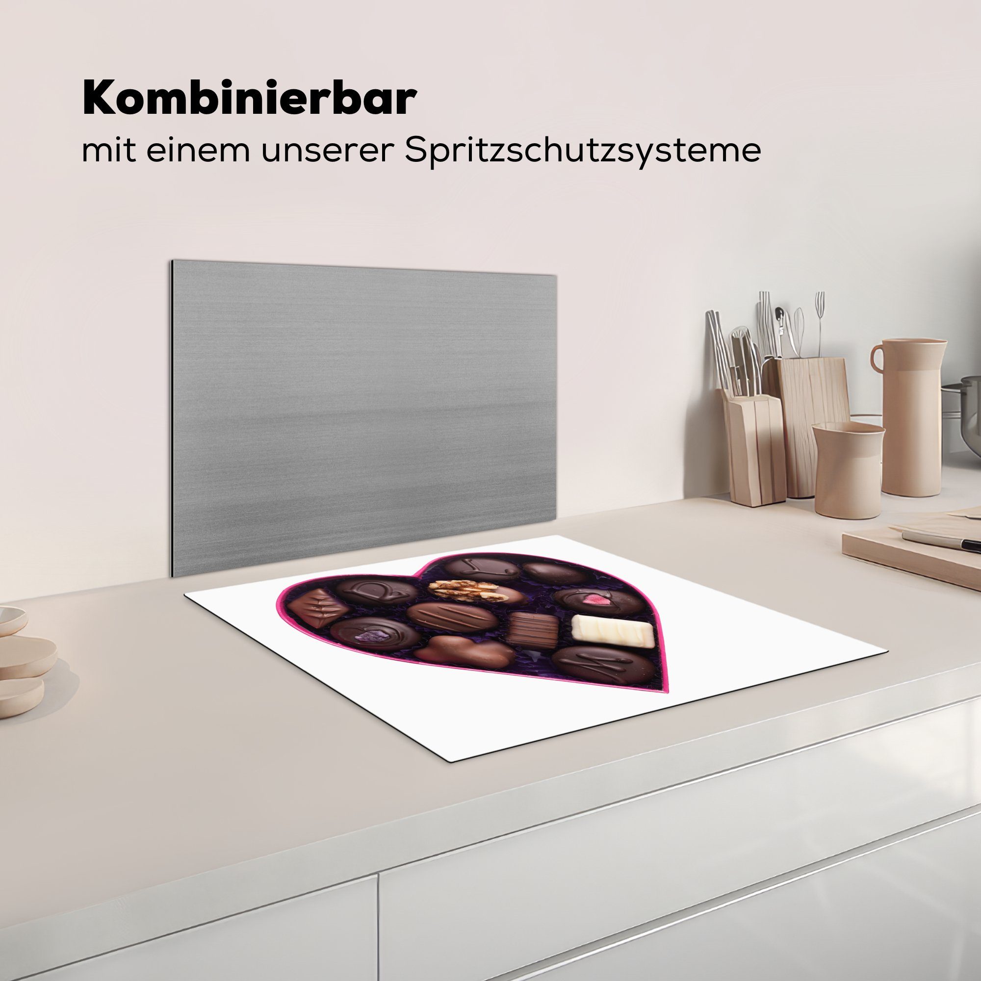 Pralinen nutzbar, cm, Nahaufnahme MuchoWow in einer Arbeitsfläche tlg), (1 Herdblende-/Abdeckplatte 60x52 Mobile von Vinyl, Ceranfeldabdeckung Herzschachtel,