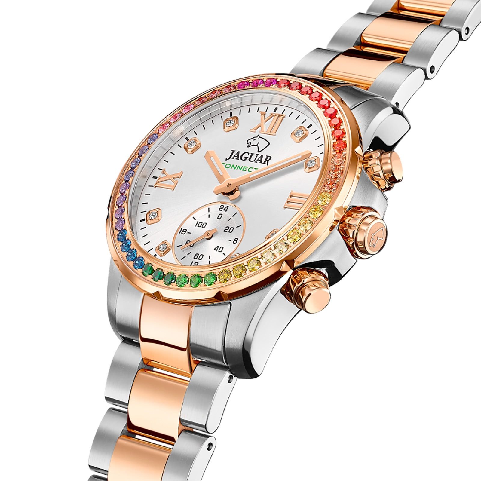 JAGUAR Multifunktionsuhr Jaguar Damenuhr Edelstahl silber rosegold, (Multifunktionsuhr), Damen Armbanduhr rund, Edelstahlarmband silber, rosegold